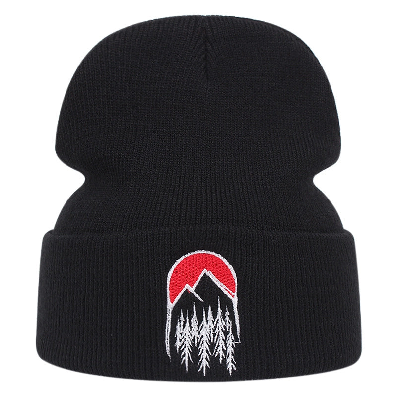 Cappelli invernali caldi lavorati a maglia con ricamo "Il sole al tramonto", colore nero.