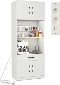 Credenza da Cucina Salvaspazio, Mobile Dispensa con Stazione di Ricarica, 4 Ante, 2 Ripiani Regolabili e 1 Cassetto, Armadio Alto per Soggiorno e Sala da Pranzo, 65 x 38 x 168 cm