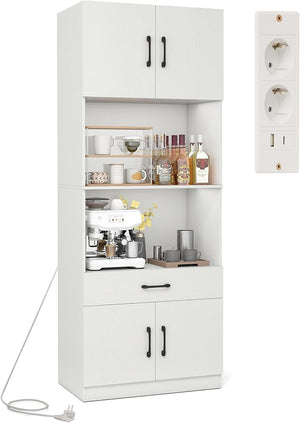 Credenza da Cucina Salvaspazio, Mobile Dispensa con Stazione di Ricarica, 4 Ante, 2 Ripiani Regolabili e 1 Cassetto, Armadio Alto per Soggiorno e Sala da Pranzo, 65 x 38 x 168 cm