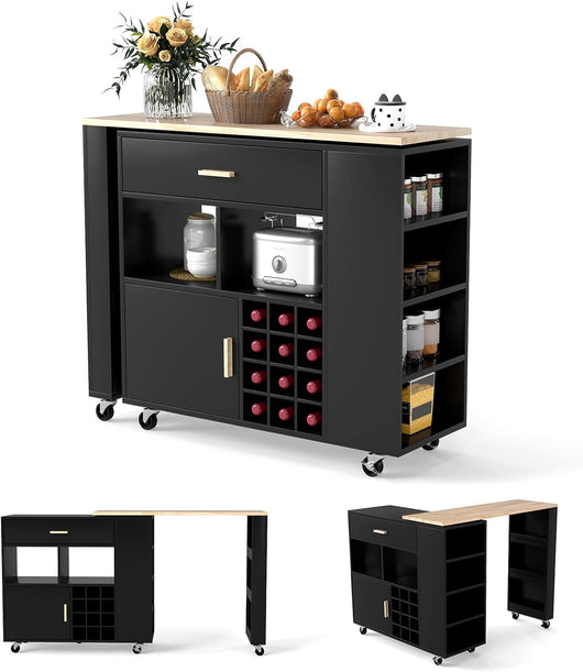 2 in 1 Carrello da Cucina, Carrello di Servizio Reversibile con Piano in Legno di Gomma, Ripiano Regolabile Porta Calici per 12 Bottiglie, 120x40x100 cm (Nero)