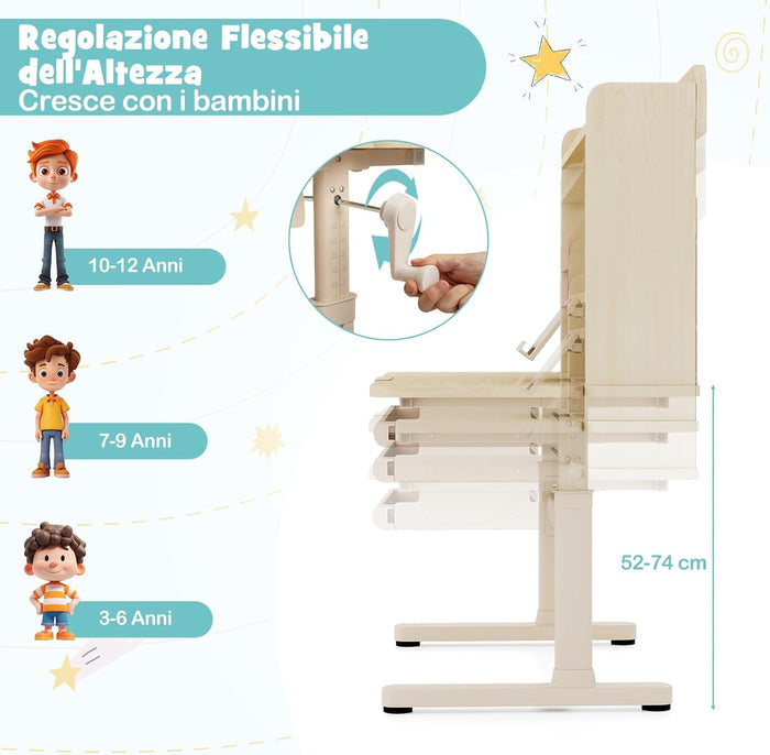 Scrivania per Bambini 3+ Anni, Tavolo da Studio Regolabile in Altezza con Libreria e Cassetto, Piano Inclinabile, Mensole, Leggio e Portapenne, Scrivania per Studiare (Blu)