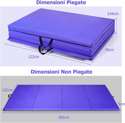 Tappetini da Ginnastica Pieghevoli 300 x 116 x 5 CM con Ganci e Maniglia Comoda Pelle PU, Ideale per Arti Marziali/Ginnastica/Pilates, Viola