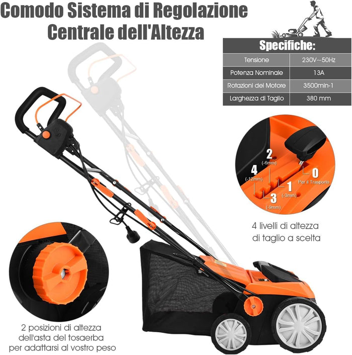 Scarificatore 2 in-1 per Prato, Arieggiatore Elettrico con Sacco Raccoglitore da 45L, Larghezza 38cm, con 3 Posizioni Regolabili, Scarificatore 1800W per Giardino Cortile (38 cm, Arancione)