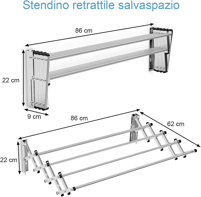 Stendibiancheria da Parete, Stendibiancheria Estensibile in Acciaio Inox con 8 Barre, Stendibiancheria Salvaspazio per Lavanderia Bagno e Balcone, 86x64x22 cm