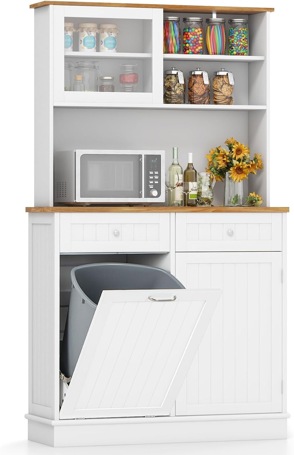 Credenza Alta per Cucina Porta Bidone della Spazzaturi, Mobile Cucina Dispensa con 2 Cassetti, Ante e 2 Ripiani Regolabili, Armadio Cucina in Legno di Gomma, 100 x 34 x 172 cm, Bianco