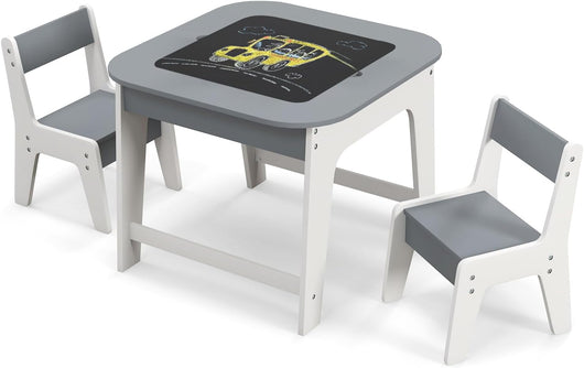 Set Tavolo e 2 Sedie per Bambini, con Lavagna Reversibile, Tavolo Multiattività con Vano Portaoggetti Nascosto e Sedie, per Bambini da 3-6 Anni, per Cameretta e Soggiorno (Grigio)