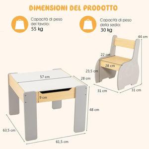 Set Tavolo e Sedie per Bambini, Set di Tavolo da Attività per Bambini con 2 Sedie, Lavagna Rimovibile e Deposito, per Giocare, Disegnare e Leggere (grigio)
