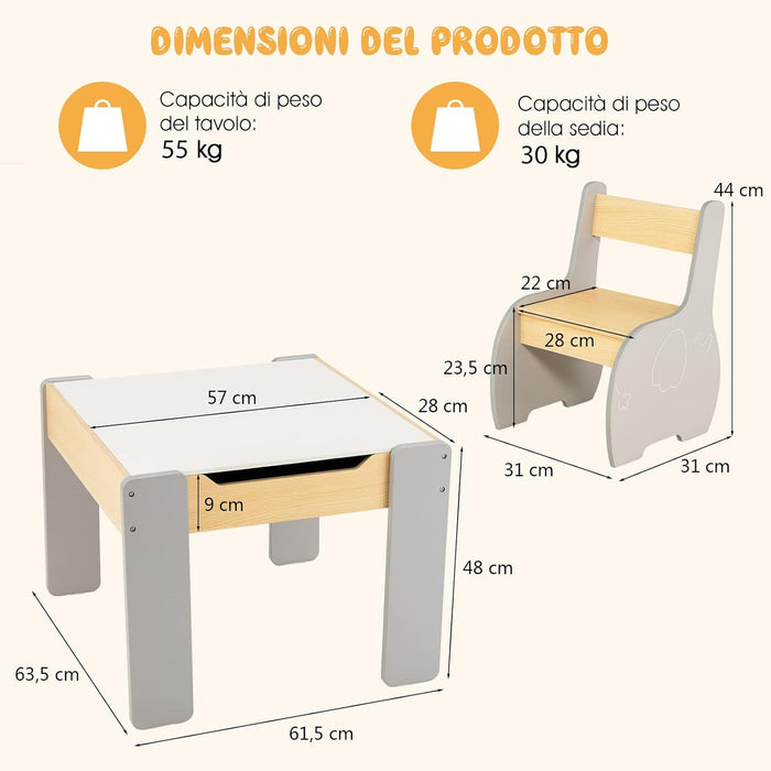 Set Tavolo e Sedie per Bambini, Set di Tavolo da Attività per Bambini con 2 Sedie, Lavagna Rimovibile e Deposito, per Giocare, Disegnare e Leggere (grigio)