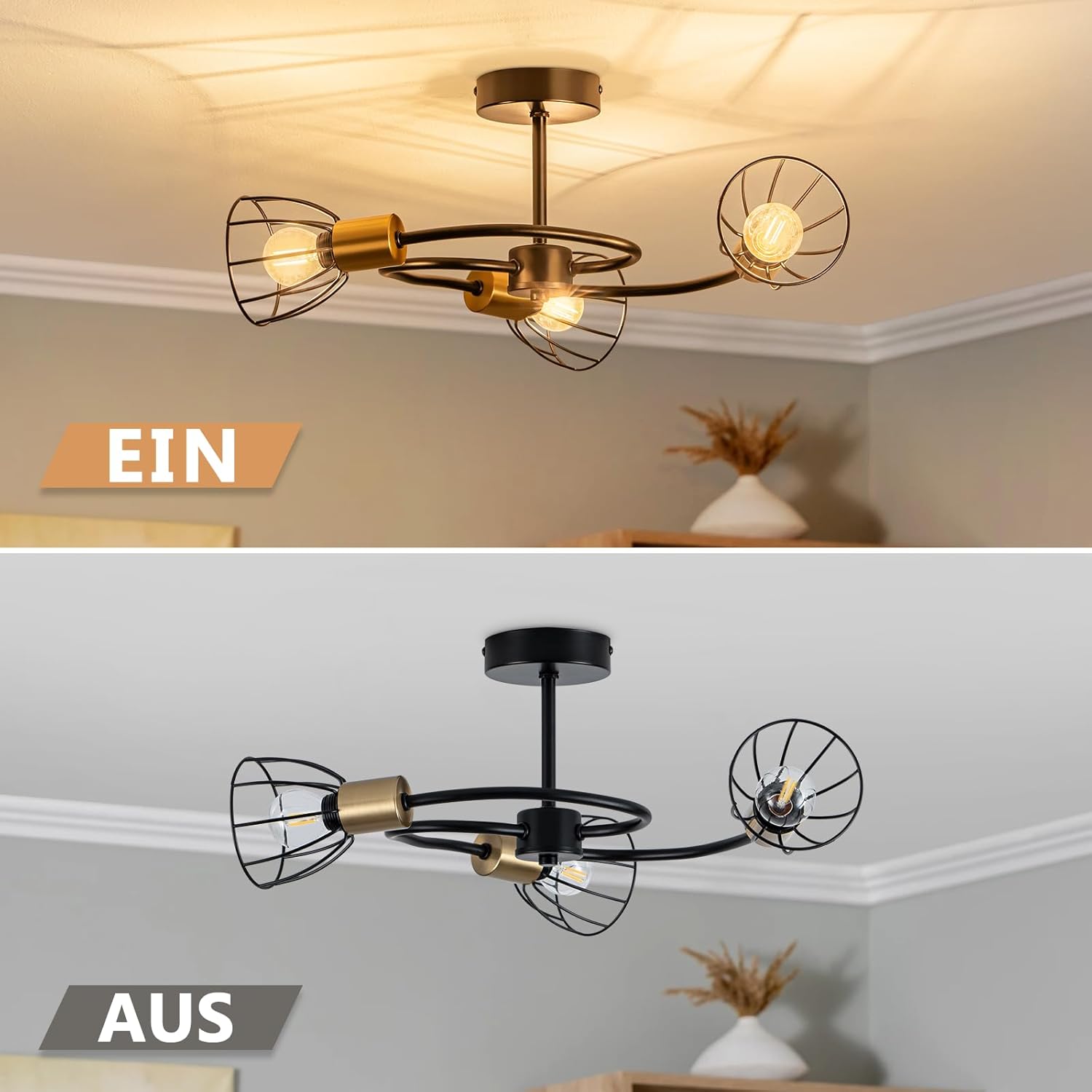 ZMH Lampada da soffitto vintage nera 3 luci E14 metallo per soggiorno cucina
