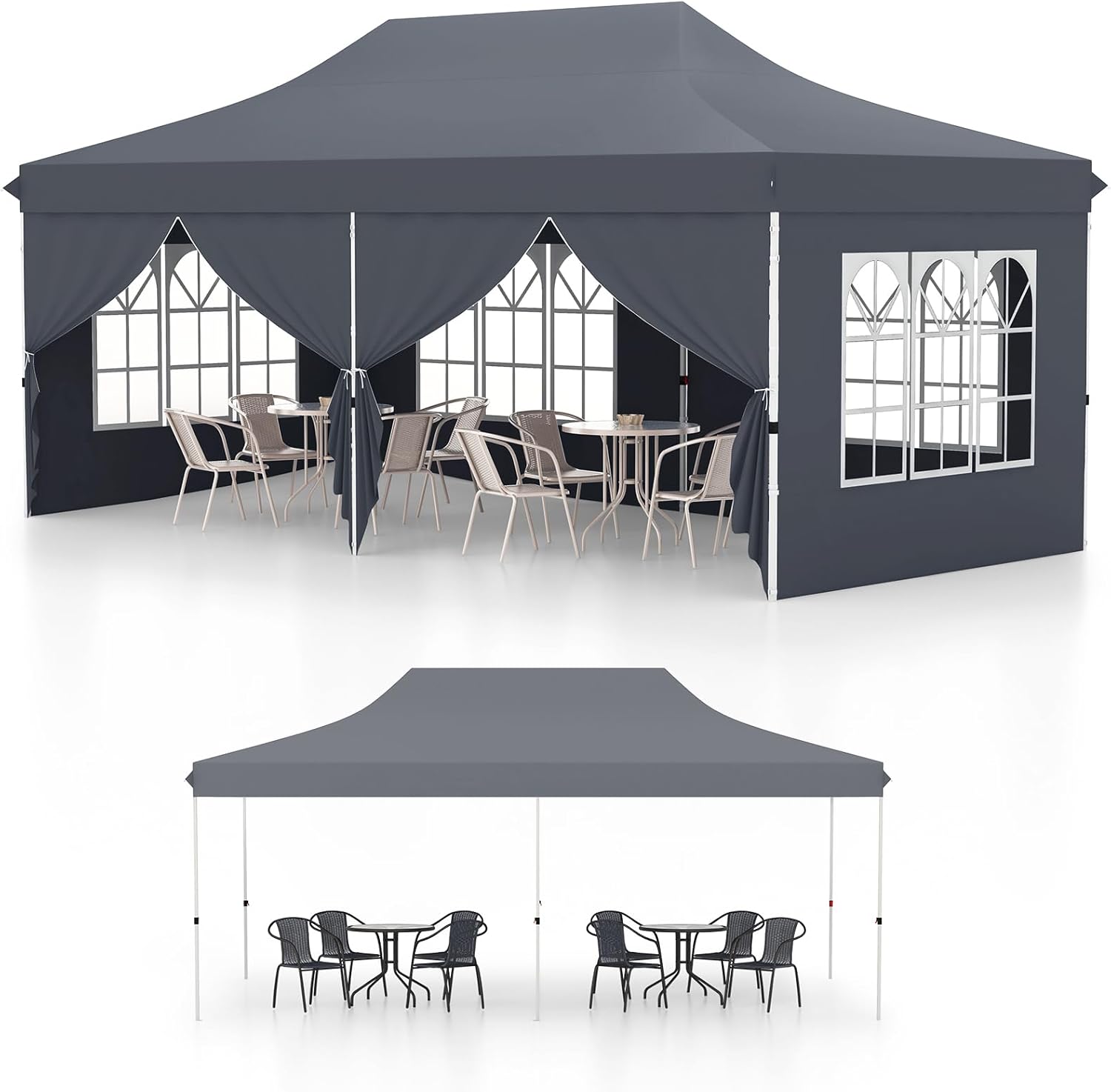 Gazebo da Giardino 3x6m, Gazebo Esterno Resistente Pop Up con 6 Pannelli Laterali e Finestre, 3 Altezze Regolabili, Tenda da Giardino per Matrimoni, Feste, Eventi Commerciali (Grigio)