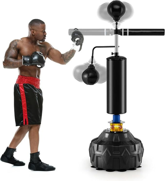 Bersaglio Boxe Multifunzionale da Terra, Sacco da Boxe con Asta Rotante a 360°Autonoma con 2 Palle, Altezza Regolabile e Base Riempibile, per Casa o Palestra
