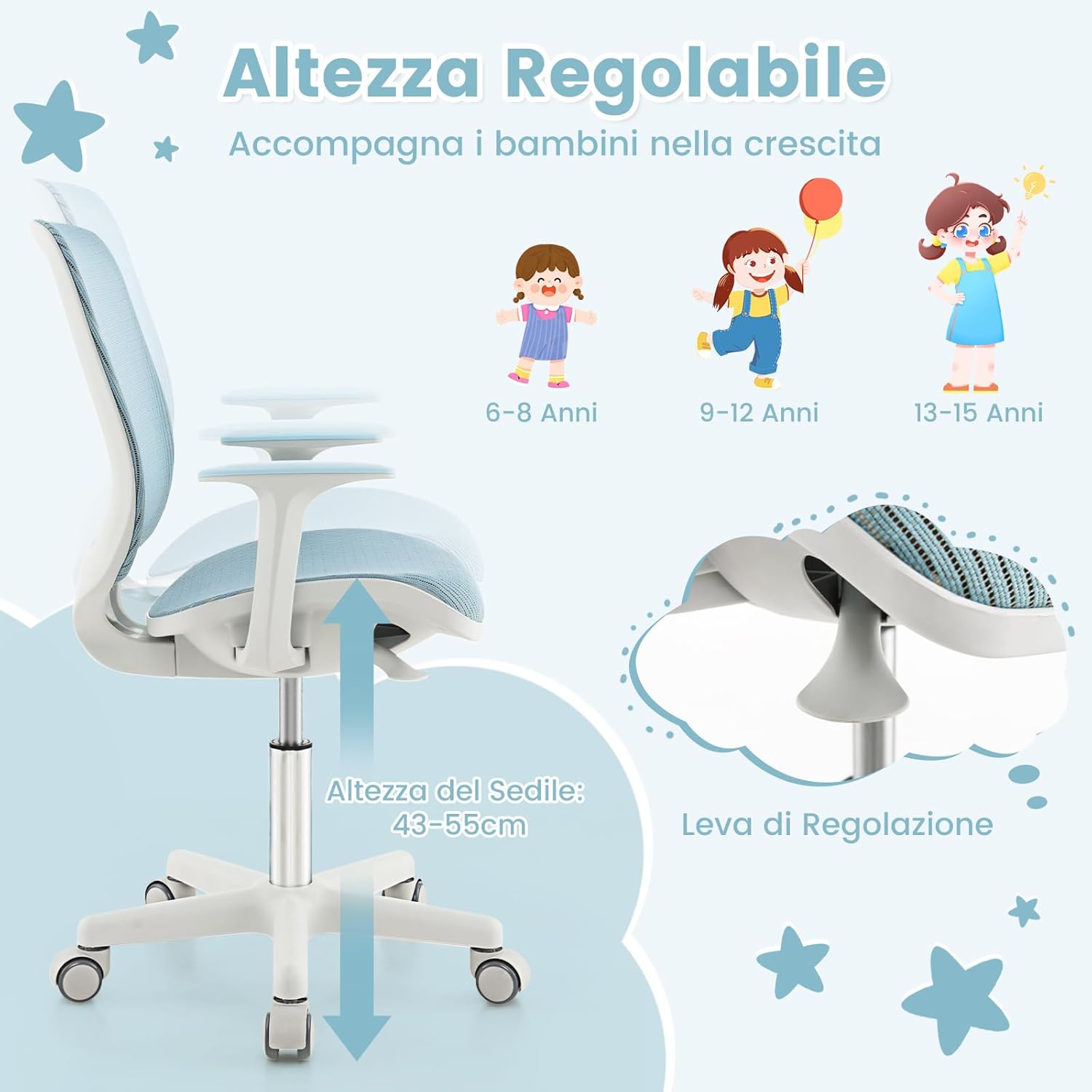 Sedia da Scrivania per Bambini, Sedia Girevole per Computer con Altezza Regolabile, Ruote con Freno, Braccioli Morbidi, Mobile Ergonomica per Bambini 6-15 Anni (Blu)