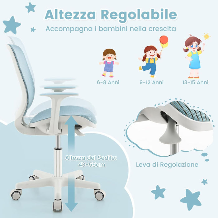 Sedia da Scrivania per Bambini, Sedia Girevole per Computer con Altezza Regolabile, Ruote con Freno, Braccioli Morbidi, Mobile Ergonomica per Bambini 6-15 Anni (Blu)