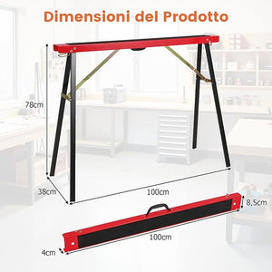 Set di 2 Cavalletti da Lavoro Pieghevoli, Cavalletto per Segare la Legna con Superficie Antiscivolo, Rinforzo a Cerniera e Maniglia, Carico Fino a 375 kg