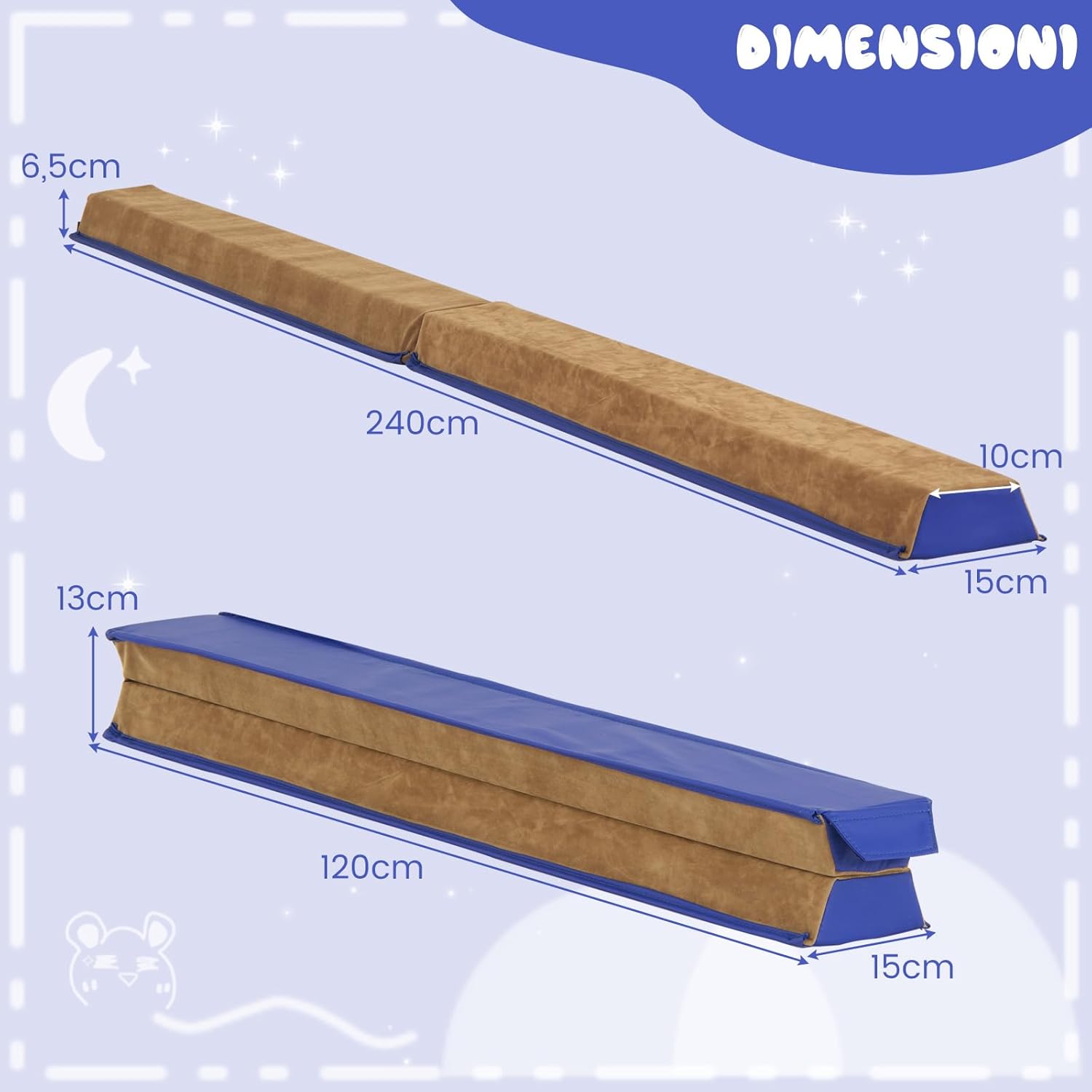 Trave da Ginnastica per Bambini Pieghevole 240 cm, Trave di Equilibrio Portatile conSuperficie in Pelle Scamosciata e Schiuma Morbida, Attrezzatura per Ginnastica a Casa