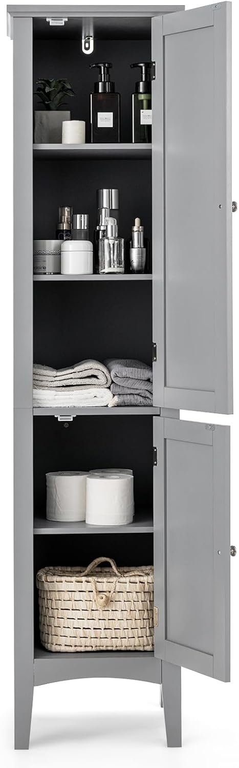 Mobile da Bagno Alto con 2 Ante, Armadio da Terra con 5 Vani, Mobile Colonna per Bagno Cucina Soggiorno, 37 x 37 x 160 cm (Grigio)