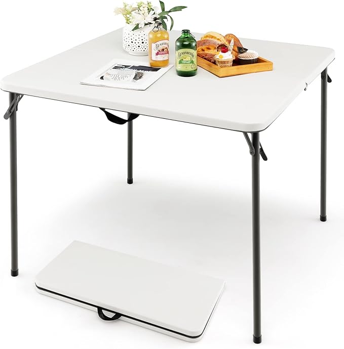 Tavolo da Campeggio Pieghevole, Tavolo da Picnic Portatile con Maniglia, Tavolino da Pranzo Leggero per Esterni con Piano in HDPE, Portata 100 kg (Bianco)
