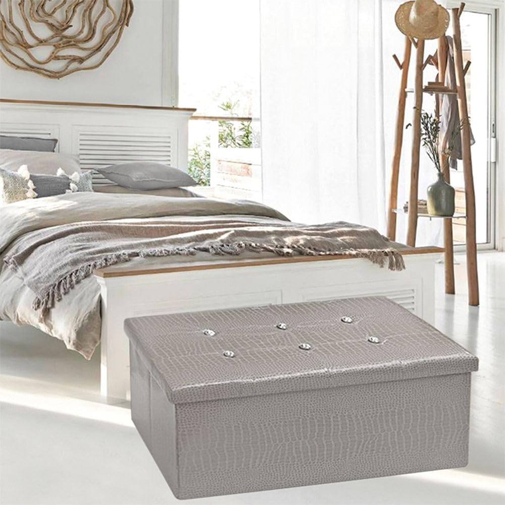 Cassapanca Contenitore Pouf Panca Poggiapiedi Similpelle Pelle Finta Coccodrillo 76x38x38 cm Grigia