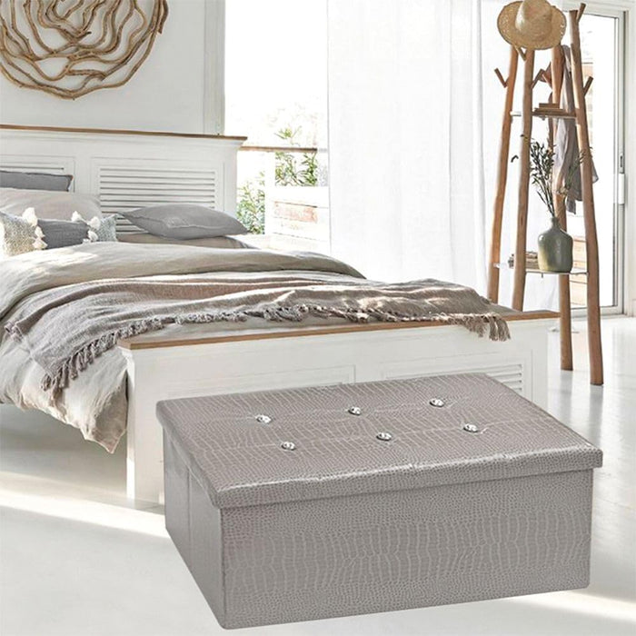 Cassapanca Contenitore Pouf Panca Poggiapiedi Similpelle Pelle Finta Coccodrillo 76x38x38 cm Grigia