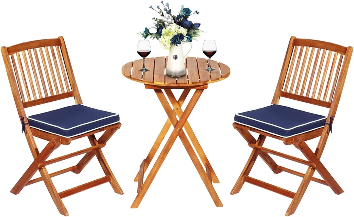 Set Tavolo e Sedie da Giardino, Set Mobili da Giardino Pieghevoli 3 Pezzi in Legno di Acacia, con Cuscini, Arredo Giardino per Giardino Terrazzo Balcone (Cuscini Blu)