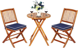 Set Tavolo e Sedie da Giardino, Set Mobili da Giardino Pieghevoli 3 Pezzi in Legno di Acacia, con Cuscini, Arredo Giardino per Giardino Terrazzo Balcone (Cuscini Blu)