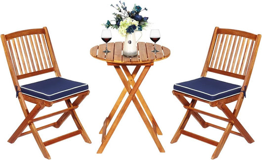 Set Tavolo e Sedie da Giardino, Set Mobili da Giardino Pieghevoli 3 Pezzi in Legno di Acacia, con Cuscini, Arredo Giardino per Giardino Terrazzo Balcone (Cuscini Blu)