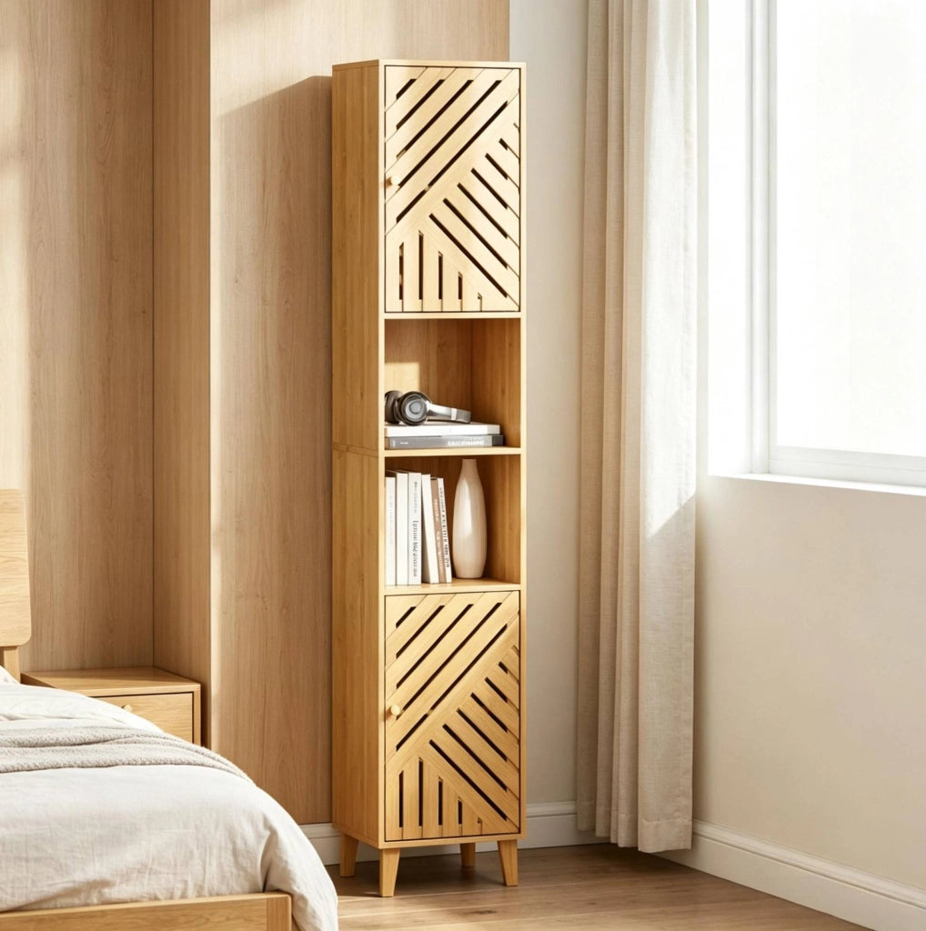 Mobile angolare alto per bagno in bambù e pannello truciolare con ripiani regolabili salvaspazio