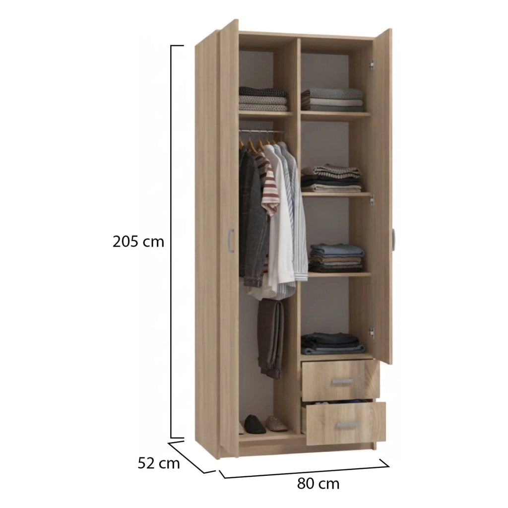 Armadio Camera da Letto Cimena, Guardaroba 2 Ante Appendiabiti, 80x205h cm Marrone Rovere
