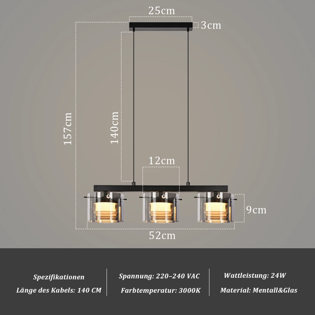 ZMH Lampada a sospensione vetro 3 luci altezza regolabile 140 cm per sala pranzo soggiorno cucina camera letto corridoio