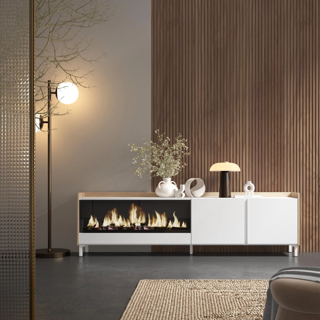 Mobile TV Soggiorno, 212x61x35 cm, Per TV fino a 80", Camino elettrico XXL, Design industriale, Bianco e Rovere soft