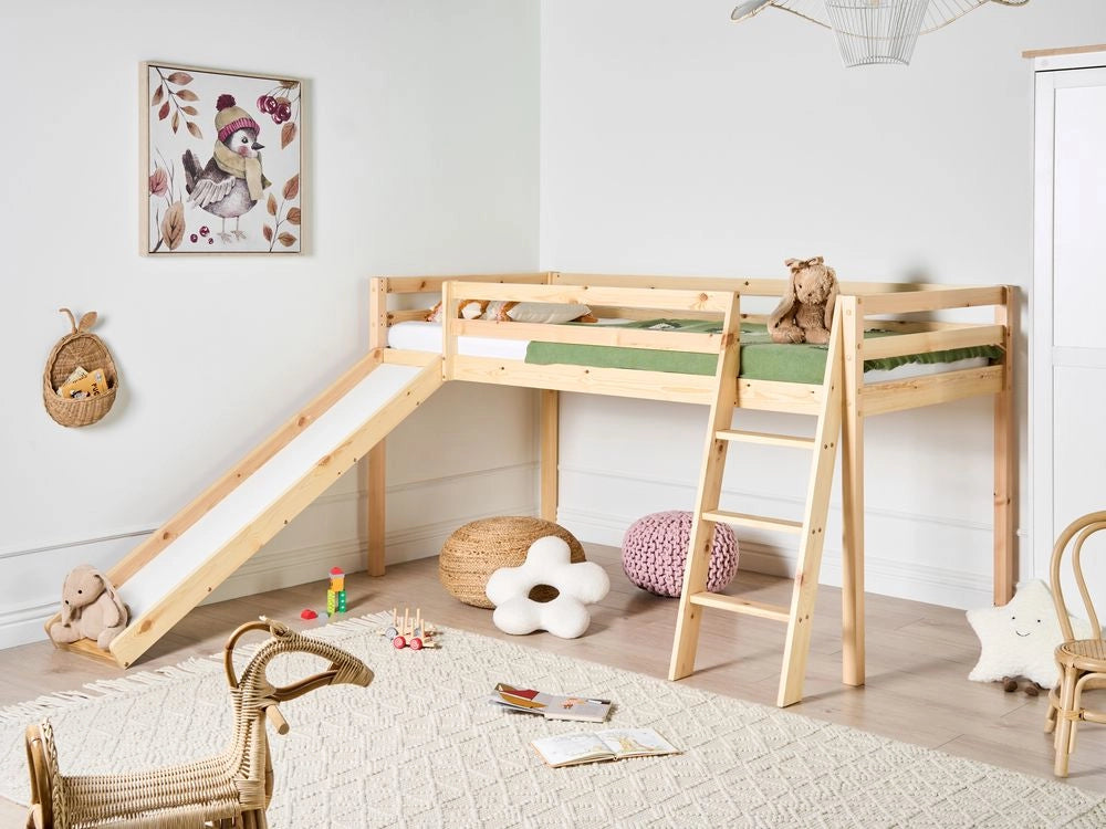 Letto a castello per bambini in legno con rete a doghe 90 x 200 cm con scivolo Marrone Chiaro per bambini