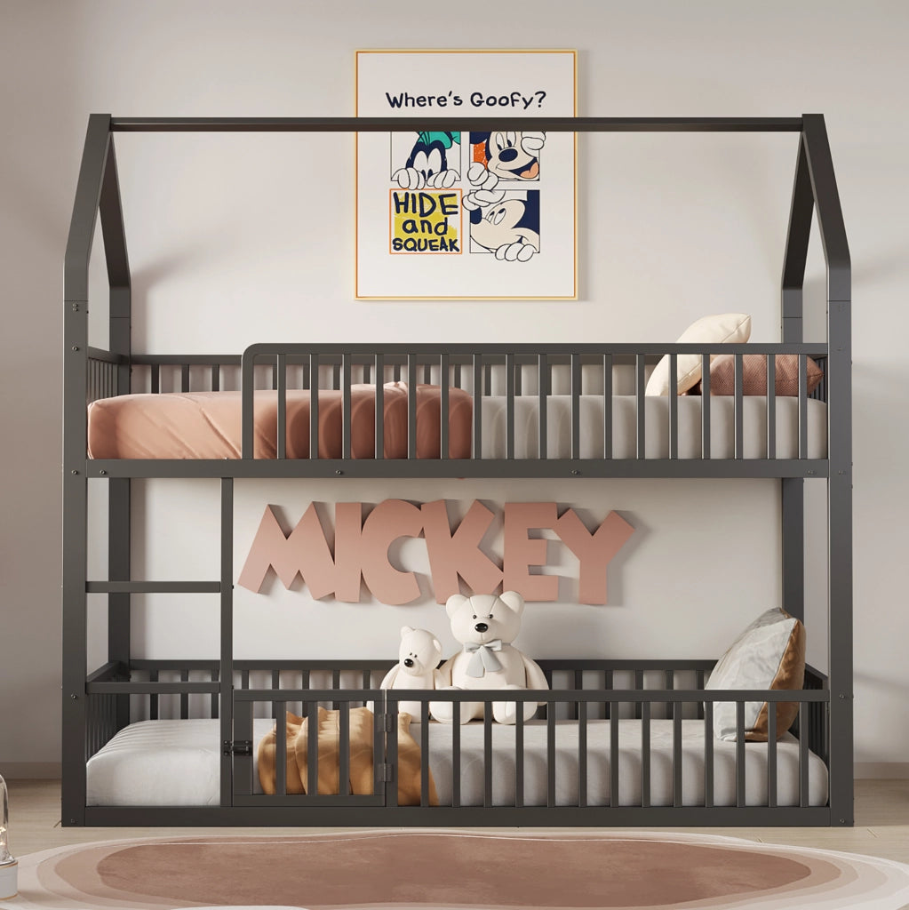 Letto a castello in metallo 90x200 cm con scala frontale e porta apribile; nero