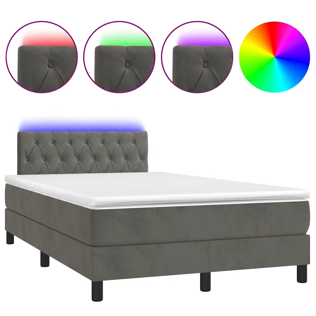 Letto a Molle con Materasso e LED Grigio Scuro 120x190cm in Velluto