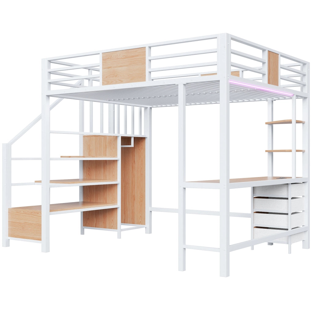 Letto a soppalco 140x200 cm con scrivania; ripiani; appendiabiti; LED e presa; metallo bianco
