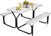 Set di tavolo da picnic e 2 sedili con struttura metallica, impianto da campeggio, set da giardino e da piscina, 137 x 150 x 72 cm (bianco)