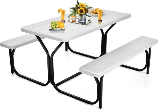 Set di tavolo da picnic e 2 sedili con struttura metallica, impianto da campeggio, set da giardino e da piscina, 137 x 150 x 72 cm (bianco)