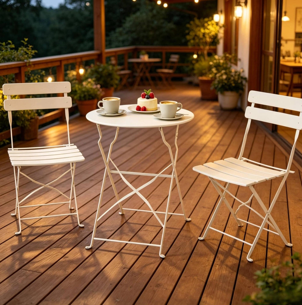 Set da bistrot da giardino pieghevole 3 pezzi in metallo; crema