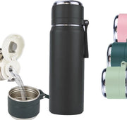 Fiasco termico con tazza, termos di acciaio inossidabile, 0,5 l, con maniglia e filtro per tè, tazza per tè con filtro per portare con sé, caffè e tè, bicchiere per bicicletta per bambini, adulti (nero)