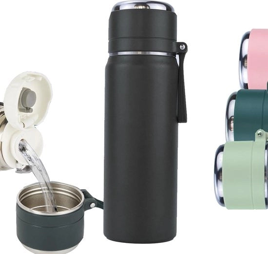 Fiasco termico con tazza, termos di acciaio inossidabile, 0,5 l, con maniglia e filtro per tè, tazza per tè con filtro per portare con sé, caffè e tè, bicchiere per bicicletta per bambini, adulti (nero)
