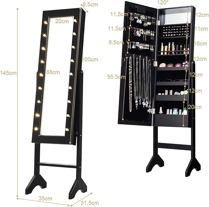 Portagioie Armadietto Specchiera con 18 Luci LED, Specchio a Figura Intera, Organizer per Gioielli Moderno Elegante, 145x35x31,5cm (Nero)
