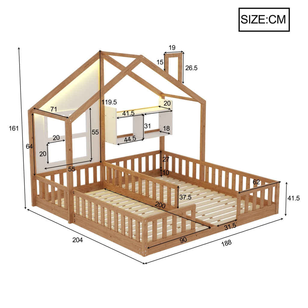 Letto doppio per bambini a forma di casetta 90x200 cm con LED e sponde di sicurezza