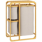 Cesto Portabiancheria con 3 Scomparti Estraibili in Tessuto color Crema e Struttura in Bambù 50x32x69,7 cm