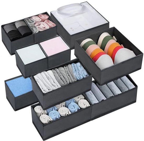 Organizzatore per cassetto da 10 contenitori, sistema di organizzazione per cassetto, contenitore pieghevole in tessuto, organizzatore per sottovesti, distributore di cassetto per reggiseni, calze, mutande, abbigliamento
