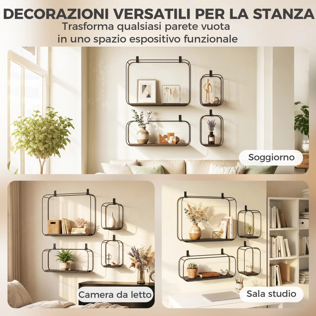 Set 4 Pezzi Mensole Flottanti Geometriche per Soggiorno in Metallo e MDF Nero
