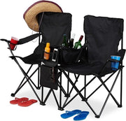Camping-stoile doppio con contenitore per bicchieri e zaino - sedia pieghevole trasportabile con tasche di stoccaggio - nero