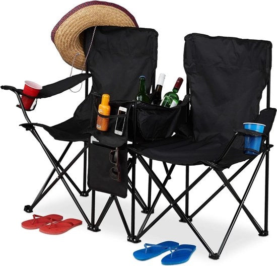 Camping-stoile doppio con contenitore per bicchieri e zaino - sedia pieghevole trasportabile con tasche di stoccaggio - nero