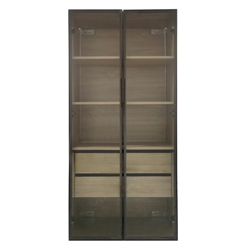 Armadietto da bagno con LED, 2 cassetti, 2 ante in vetro satinato e vani aperti, per bagno, in MDF naturale, 73 cm