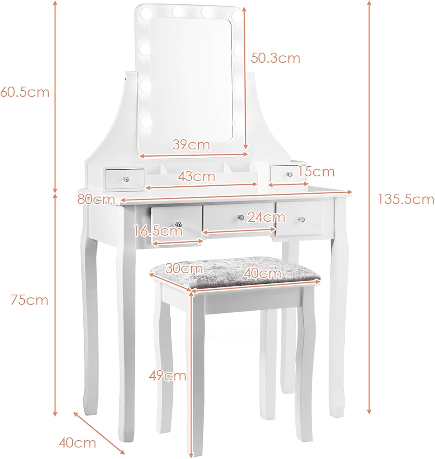 Toeletta Trucco con Specchio Girevole a 360° e 10 Luci LED, Postazione Trucco con Sgabello Imbottito, 5 Cassetti e Organizzatori, Tavolo da Trucco Moderno, 136x80x40cm (Bianco)