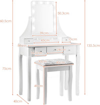 Toeletta Trucco con Specchio Girevole a 360° e 10 Luci LED, Postazione Trucco con Sgabello Imbottito, 5 Cassetti e Organizzatori, Tavolo da Trucco Moderno, 136x80x40cm (Bianco)
