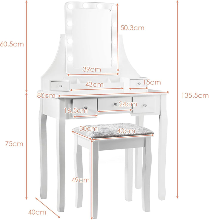 Toeletta Trucco con Specchio Girevole a 360° e 10 Luci LED, Postazione Trucco con Sgabello Imbottito, 5 Cassetti e Organizzatori, Tavolo da Trucco Moderno, 136x80x40cm (Bianco)